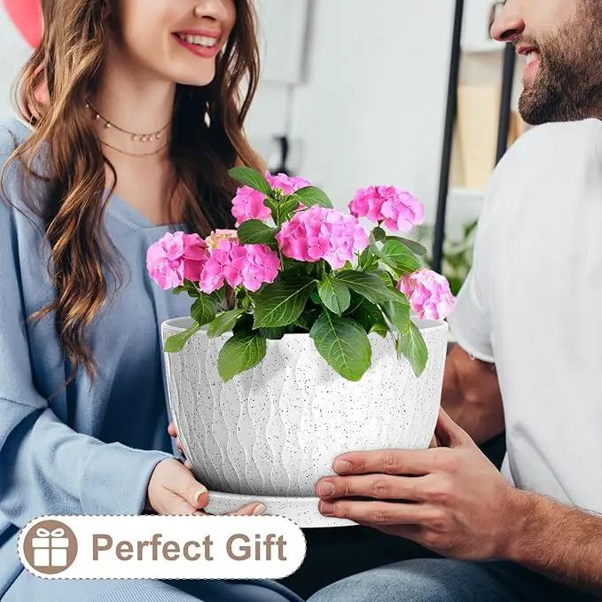 12 Inch Wide Water Ripples Flower Pots for Indoor or Outdoor Plants, Large Plant Pots with Drainage Holes & Saucer, Plastic Planters Set for Garden & Home Decor (White with Black Speckles) by GreenHaven Gardens