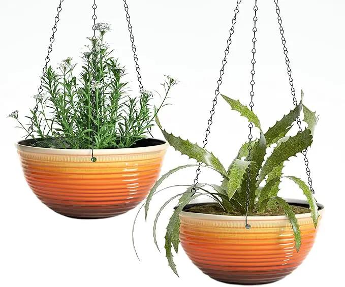 12 inch Hanging Planters for Indoor Outdoor Plants, 2 Pack Large Hanging Flower Pots with Drainage Holes and Chain, Glazed Hanging Baskets for Home Garden Decoration, Orange by GreenHaven Gardens