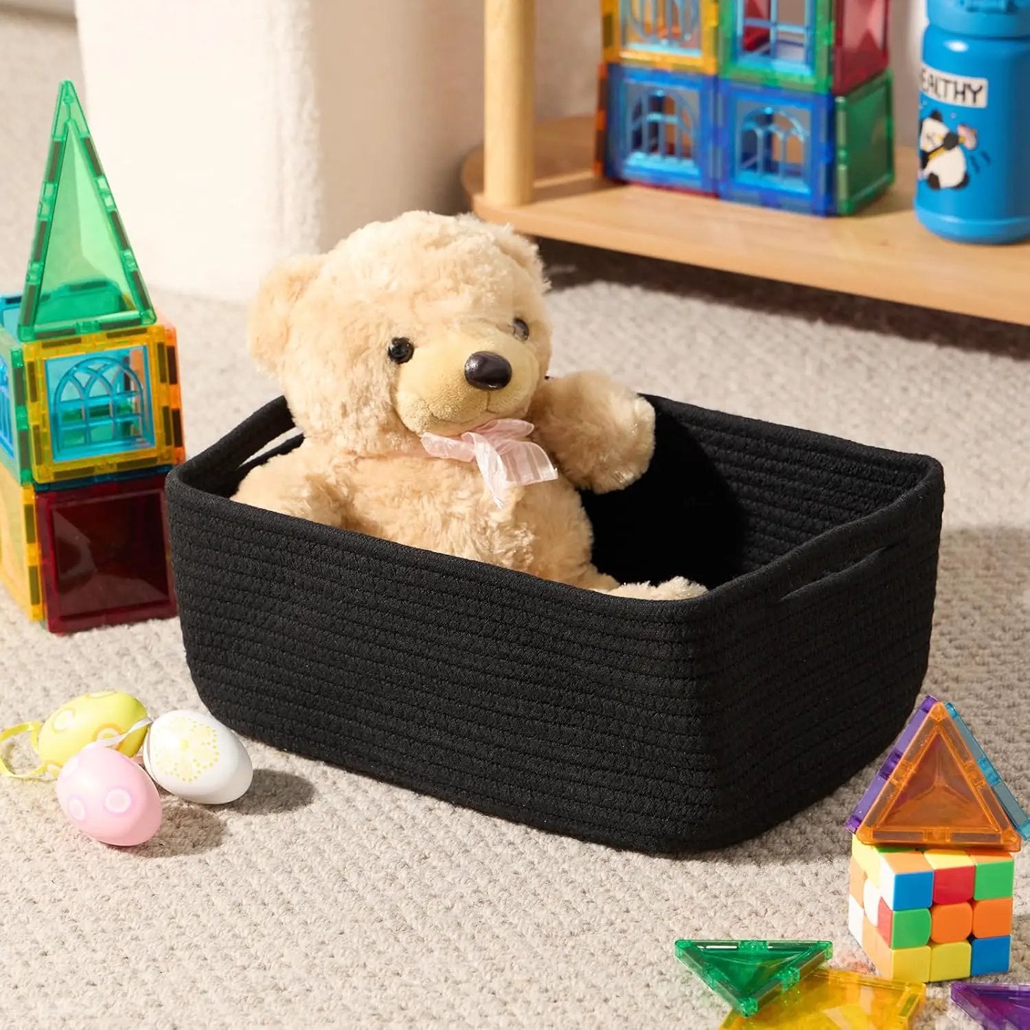 Small Storage Baskets for Organizing | Closet Organizer Bins | Shelf Toy Basket | Woven Rope Baskets | Cube Decorative Box | Shallow Basket | 13x8.5x5.1” | 4 Packs Black by GreenHaven Gardens