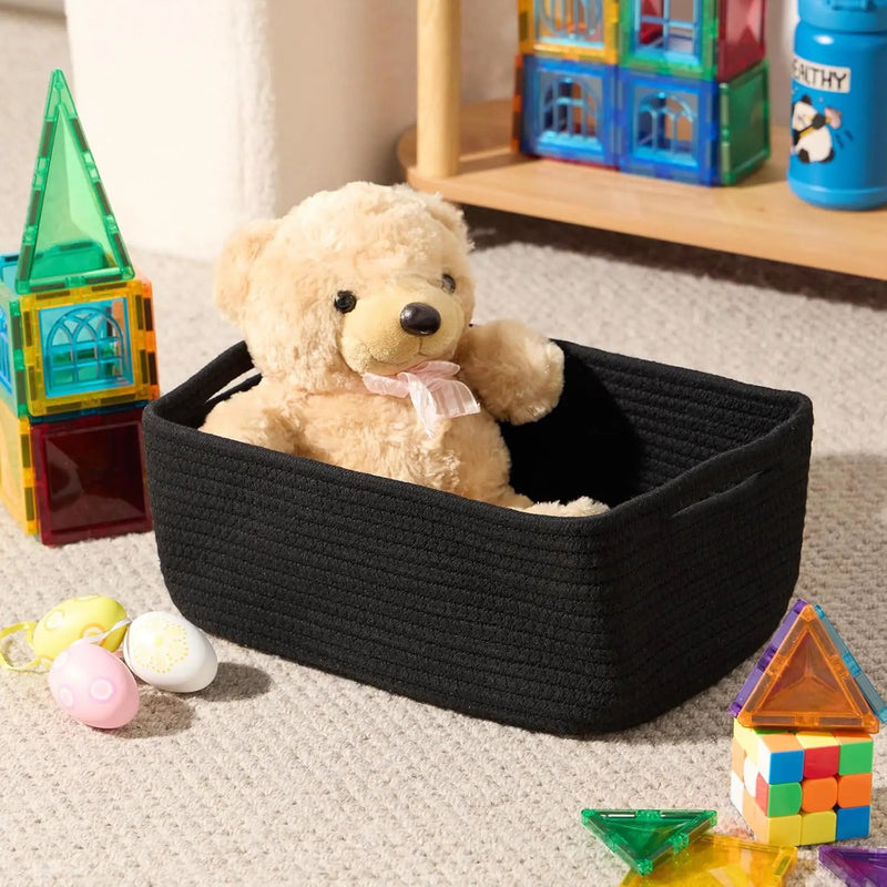 Small Storage Baskets for Organizing | Closet Organizer Bins | Shelf Toy Basket | Woven Rope Baskets | Cube Decorative Box | Shallow Basket | 13x8.5x5.1” | 4 Packs Black by GreenHaven Gardens