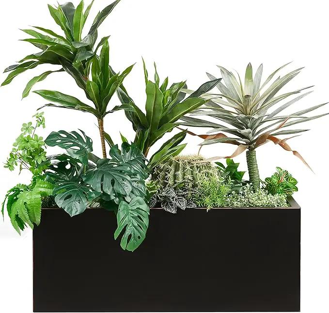 Metallic Heavy Long and Large Outdoor/Indoor Planter, Rectangular Trough Planter Box, 38”Lx15”Wx15”H, 40Pounds, Black with Hand Brushed Gold Edge, No Assemble and Seamless by GreenHaven Gardens