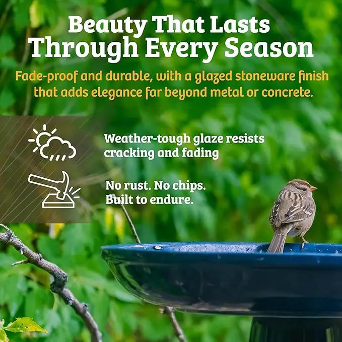 Birds Choice Ohio Stoneware Bird Bath | Pedestal Bird Bath, Stable Locking Top | Weather-Resistant Ceramic Clay, Glazed Finish | Outdoor Garden & Patio Decor | 22" H x 17" D, Gray by GreenHaven Gardens
