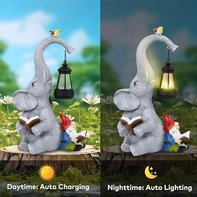 Solar Outdoor Garden Statues Lights, Elephant Figurines with Cute Gnome Garden Sculpture Decor, Luck Elephant Gifts for Woman Mother or Daughter, Unique Housewarming Gifts and Yard Decor by GreenHaven Gardens