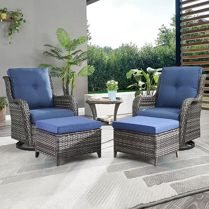 Outdoor Wicker Patio Furniture Set - 5 Pieces Rattan Patio Conversation Set with 2 Rocking Swivel Chairs,2 Ottomans and 1 Side Table for Porch Deck Backyard Garden(Mixed Grey/Blue) by GreenHaven Gardens