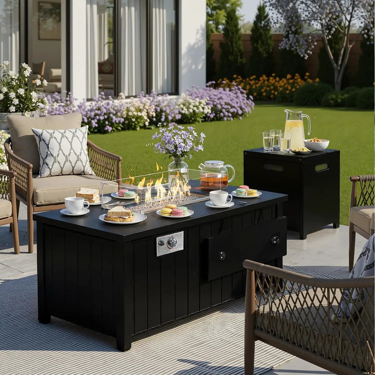 KOL 50,000 BTU Propane Fire Pit Table with Cabinet-39.5in Black Gas Fireplace with Glass Wind Guard & Lid, Outdoor Rectangular Cold Rolled Plate Plastic Spraying Firepits for Patio, Backyard, Balcony by GreenHaven Gardens