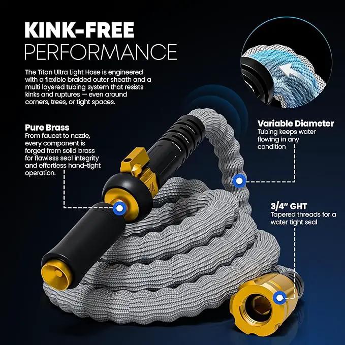 TITAN Flexible Garden Hose 100FT – Ultra Lightweight, Heavy Duty Water Hose with Brass Fittings & Jet Nozzle – Kink-Free, Non-Expanding, Durable Fabric Hose for Yard, Lawn, Car Wash, Outdoor Use by GreenHaven Gardens