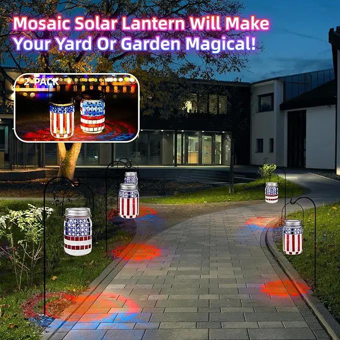 VOREEN 2 Pack Mosaic Solar Lanterns, Outdoor Glass Hanging Lights, Solar Table Lamps, Waterproof, American Flag Jar Lights Gifts, Patriotic Theme Decoration for Garden, Patio, Yard, Easter Gifts by GreenHaven Gardens