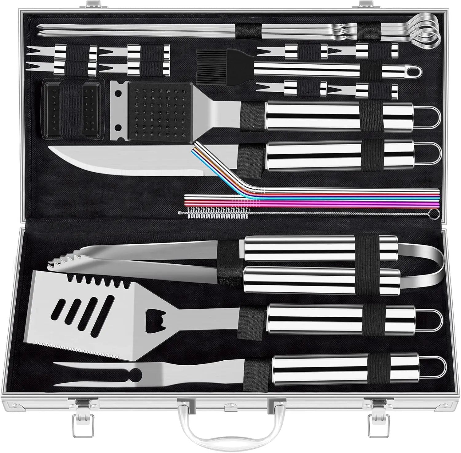 ROMANTICIST 25pcs Extra Thick BBQ Grill Accessories, Fathers Day Grilling Gifts Set for Men Dad, Heavy Duty Grill Tools Utensils Kit with Spatula, Tongs in Aluminum Case for Birthday Silver by GreenHaven Gardens