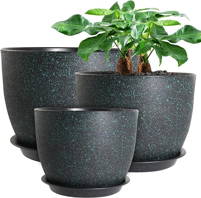 12/10/9 Large Modern Plant Pots, Plastic Planters with Drainage Holes and Saucers for Indoor Outdoor Plants Flowers, Black with Green Speckles by GreenHaven Gardens