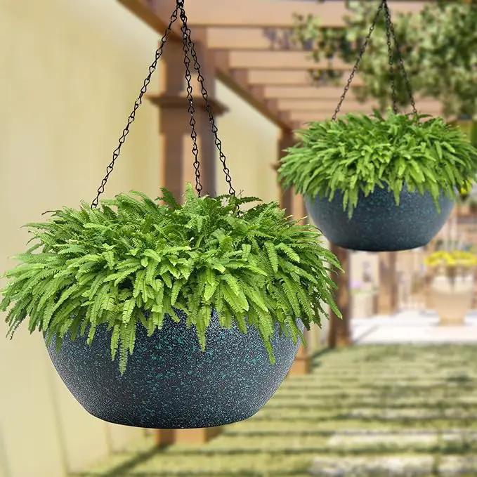WOUSIWER 13 inch 2 Pack Large Hanging Planters for Indoor Outdoor Plants with Drainage Holes and Chain, Round Hanging Flower Pots for Garden Home Porch Decor, Black with Green Speckles by GreenHaven Gardens