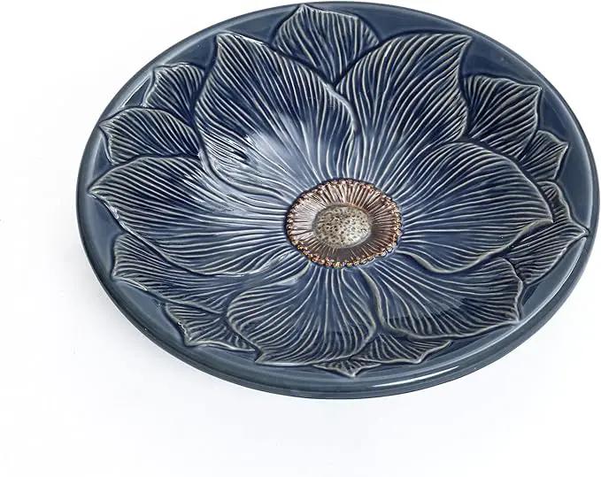 LuxenHome 22 Inch Ceramic Bird Bath for Outside, Elegant Tall Outdoor Bird Bath, Lightweight Pedestal Glazed Birdbaths for Outdoors with Floral Pattern, Deep Blue by GreenHaven Gardens