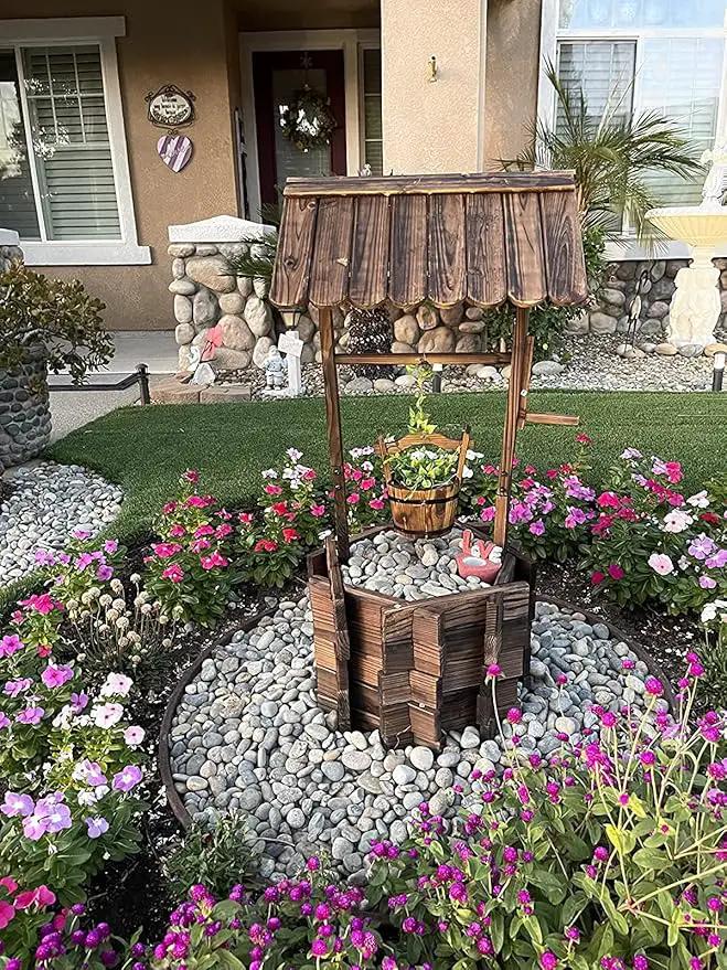 Wooden Wishing Wells for Outdoors with Hanging Bucket, Wishing Well Planters Rustic Style Patio Garden Ornamental, Brown by GreenHaven Gardens