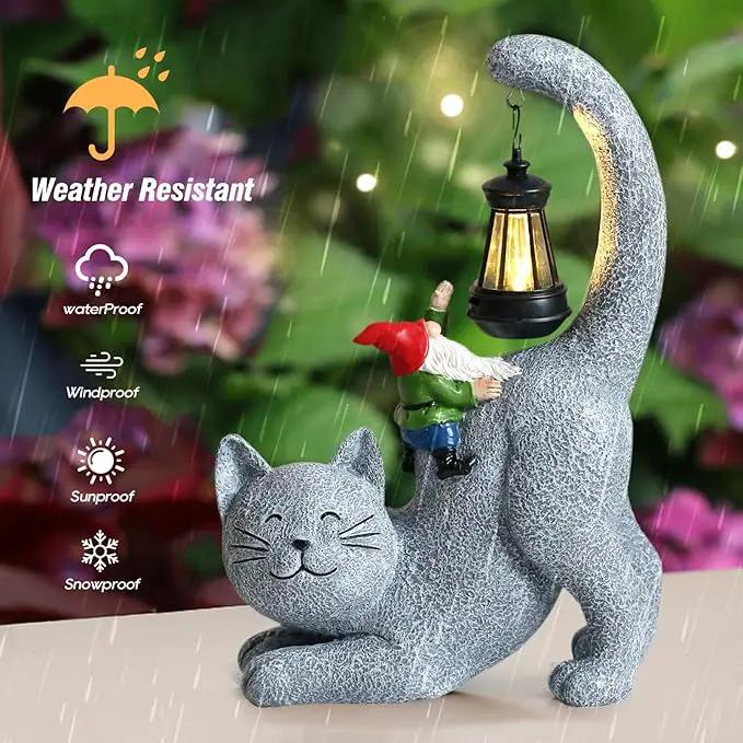 Cat Statue Garden Decor with Funny Gnome Figurine & Solar Lantern, Motherday Gifts for Mom,Birthday Gift for Women,Cat Statues for Garden,Patio,Yard Decoration, Gray, SR-C-003 by GreenHaven Gardens