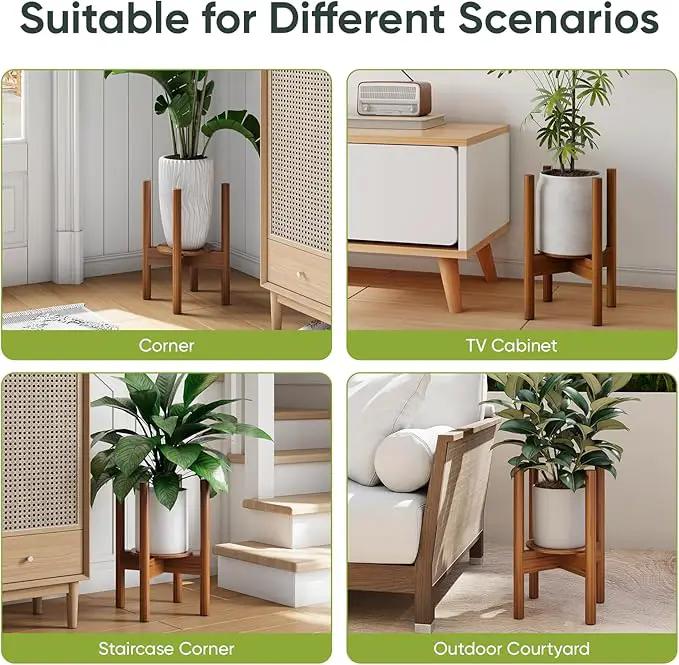 2 Pack Adjustable Plant Stand, Bamboo Plant Stand Indoor with Tray, Wood Plant Stand for 8 to 12 inches Flower Pots, Single Mid Century Modern Plant Stand for Indoor Plants, Walnut by GreenHaven Gardens