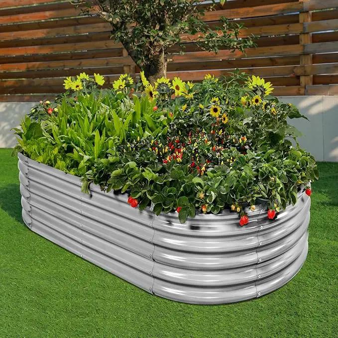 Land Guard 4×2×1.5ft Galvanized Raised Garden Bed Kit, Galvanized Planter Garden Boxes Outdoor, Oval Large Metal Raised Garden Bed for Vegetables……… (Classic Silver by GreenHaven Gardens