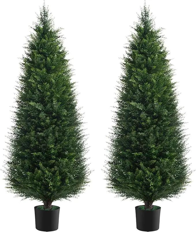 Two 4ft Artificial Plants Topairy Faux Cedar Trees for Outdoor Planters, 48IN Tall Fake Pine Bushes UV Resistant Large Potted Shrubs for Front Porch Décor by GreenHaven Gardens