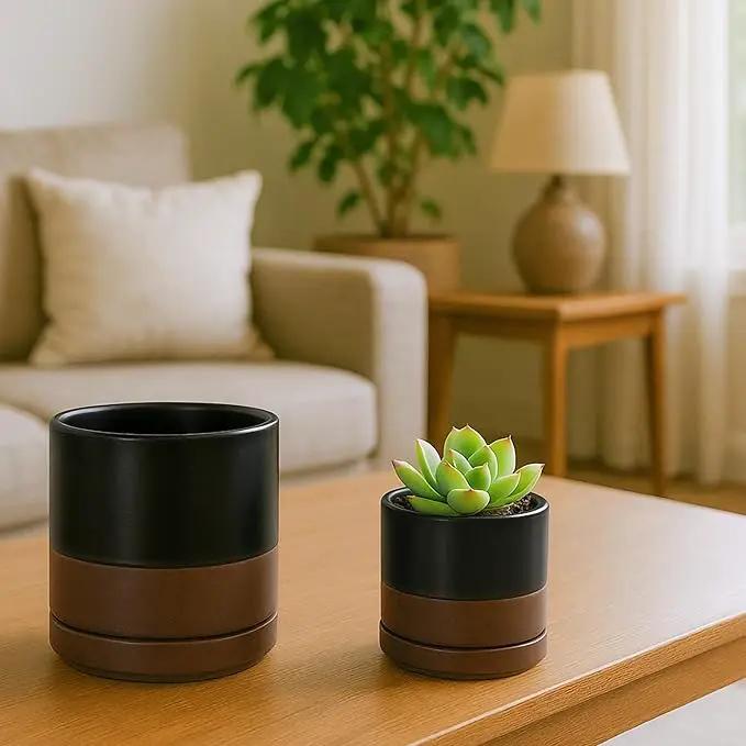 D'vine Dev 3.5 Inch & 4.7 Inch Ceramic Planter Pots for Plants with Drainage Hole and Saucer, X-Small Plant Pots Set, Black/Speckled Tan, 94-G-XS-7 by GreenHaven Gardens