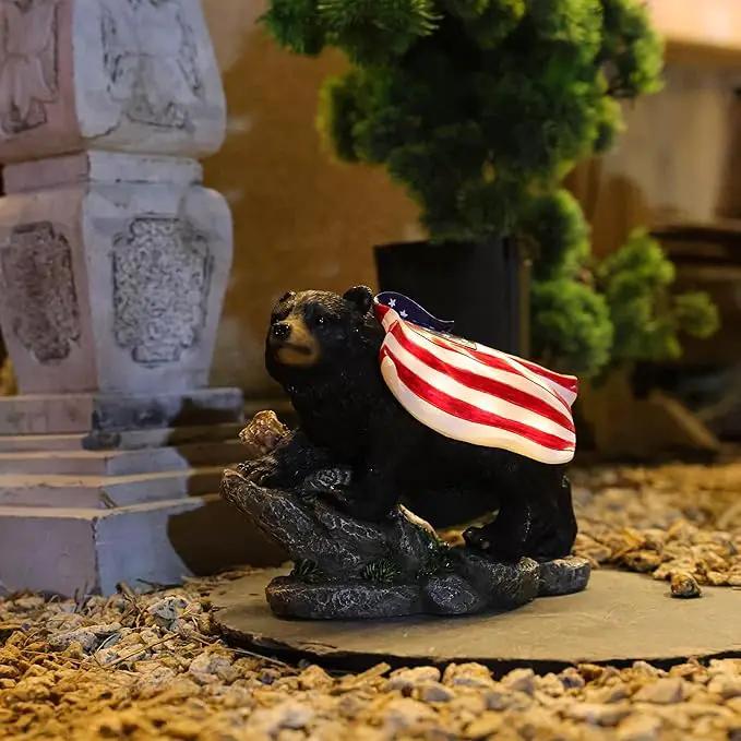 Garden Statue Bear,Solar American Flag Bear Ourdoor Statue,Garden Decor Bears Solar Light,Resin Figurine Lights,Outdoor Decor for Patio,Porch,Balcony,Yard,Lawn by GreenHaven Gardens