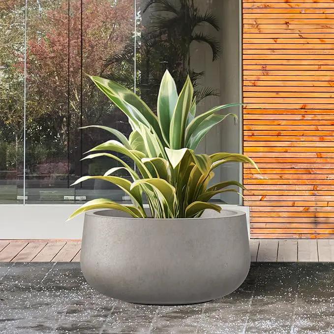 Kante 11.8" Dia Round Concrete Planter, Cement Plant Pots with Drainage Hole and Rubber Plug for Outdoor Indoor Garden Home, Modern Curvaceous Design, Weathered Concrete by GreenHaven Gardens