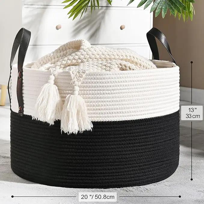 KAKAMAY Large Blanket Basket (20"x13"),Woven Baskets for storage Baby Laundry Hamper, Cotton Rope Blanket Basket for Living Room, Laundry, Nursery, Pillows, Baby Toy chest (White/Black) by GreenHaven Gardens