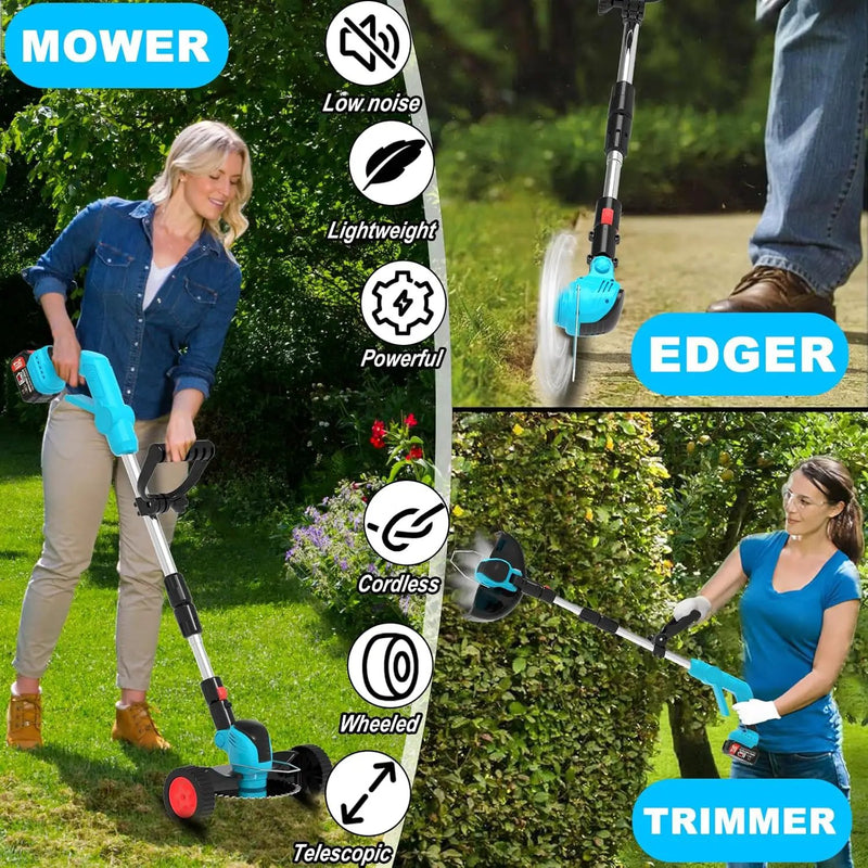 Electric Weed Wacker Cordless Eater Battery Powered,21V/4.0Ah Lightweight No-String Weed Trimmer with 2 Battery Operated& Wheels,3 in 1 Stringless Grass Trimmer/Edger/Brush Cutter for Garden Yard Lawn by GreenHaven Gardens