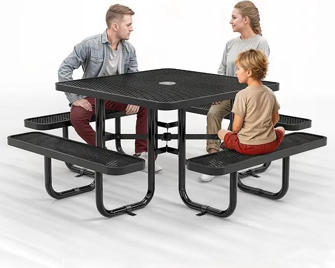 Metal Picnic Tables for Outdoors with Umbrella Hole - Coated Steel Heavy Duty Commercial Grade Table with Adjustable Seats (Black, 46 in, Square, Expanded Steel) by GreenHaven Gardens