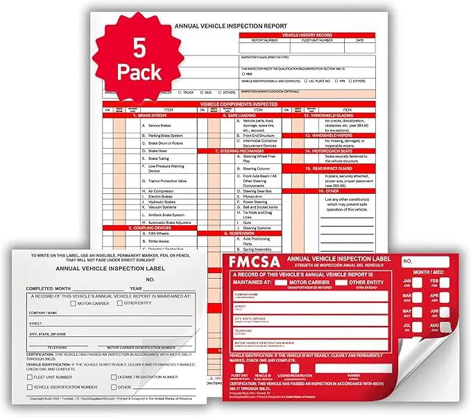 5 Pack 3-Ply Carbonless Annual Vehicle Inspection Report Forms with FMCSA Red Aluminum Labels & White Mylar Laminate Vinyl Labels, DOT Inspection Forms and Stickers, Shrink-Wrapped, 8.5" x 11.75" by GreenHaven Gardens