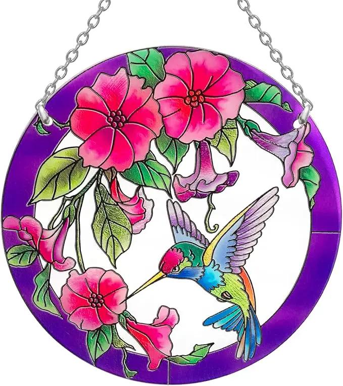 Larger Purple Stained Glass Window Hanging, Hummingbird Gifts for Women, Bird and Flowers Suncatcher, Hummingbird Gifts for Women, Bird and Flowers Suncatcher for Window, Hand Painted Glass by GreenHaven Gardens