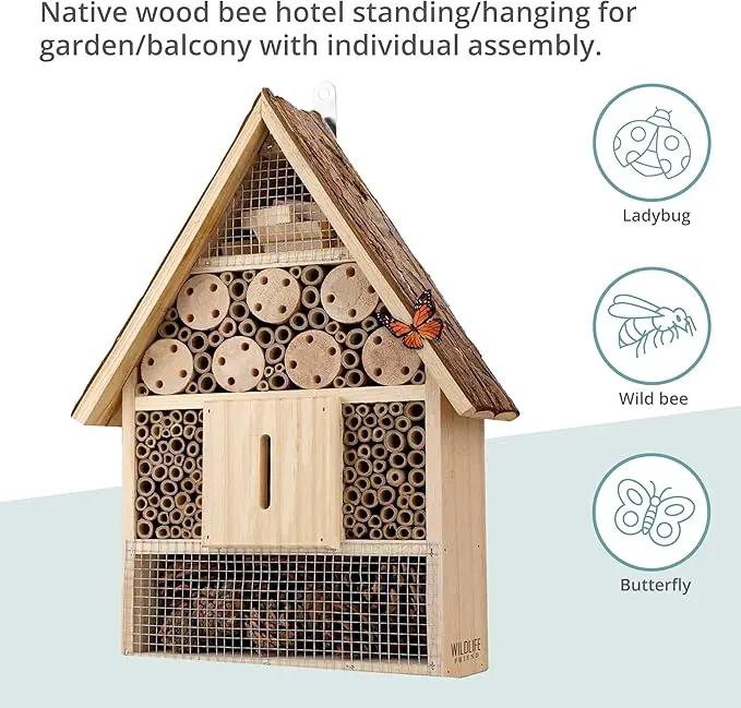 I Large Insect Hotel with bark roof Natural, Weatherproof, Insect House Made of Natural Wood for Bees, Ladybugs, lacewings, Butterflies, bee Hotel, Nesting aid for Hanging by GreenHaven Gardens