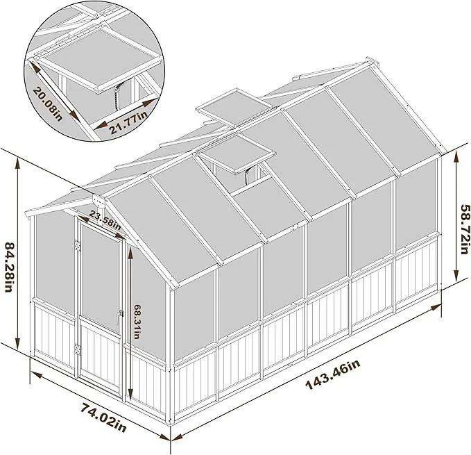 6x12 FT Greenhouse Kit for Outdoor, Thickened Polycarbonate Panel Wooden Walk-in Green House with Lockable Door and Adjustable Roof Vent, Backyard Garden, Black by GreenHaven Gardens