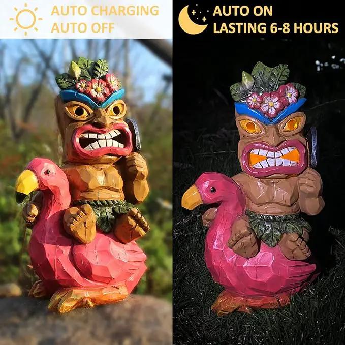 Solar Tiki Statue Flamingos Decor - Tiki Decorations Outdoor for Bar, Patio, Balcony, Yard,Lawn Ornament by GreenHaven Gardens