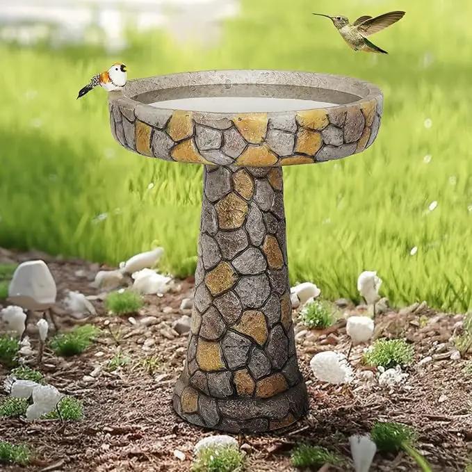 SKYFIRE Stone Like Outdoor Bird Bath - Concrete Freestanding Patio Birdbath with Pedestal for Garden, Patio, Yard, Lawn - 18.8”L X 18.8”W X 24”H Rustic Faux Stone Pedestal Outdoor Garden Birdbaths by GreenHaven Gardens