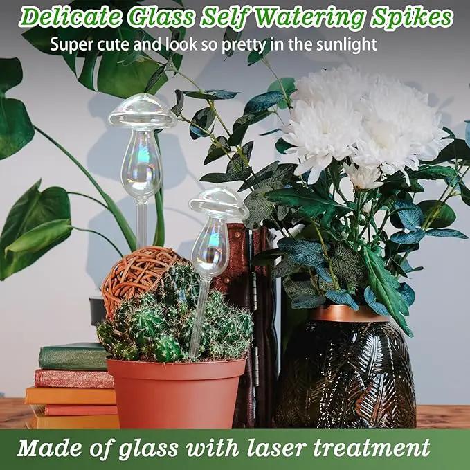 Plant Watering Globes, 4PCS Iridescent Rainbow Gradient Color Clear Glass Mushroom Self Watering Spikes Planter Insert, Automatic Plant Waterer Bulbs Devices for All Plants 9" L × 3.5" D by GreenHaven Gardens