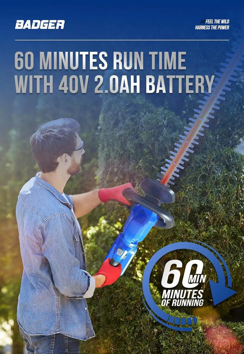 WILD BADGER POWER Hedge Trimmer 40V 24” Cordless, Powerful Electric Hedge Trimmer, 2.0Ah Battery and Charger Included by GreenHaven Gardens