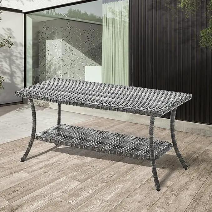 Patio Tables Outdoor Coffee Table - Wicker Rattan Coffee Tables with 2-Tier Storage Shelf Side Table for Porch Deck Balcony Garden Outside Rectangle Mixed Grey by GreenHaven Gardens