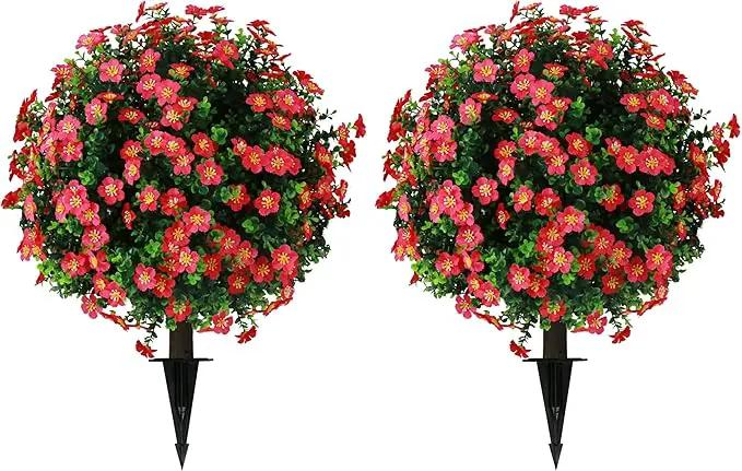 Sunnyglade Set of 2 Artificial Boxwood Topiary Ball Trees with Red Flower, Faux Shrub Bushes with Ground Spike 25.5", UV Resistant Fake Boxwood Plants for Indoor, Garden, Porch, Patio Decor (Red) by GreenHaven Gardens