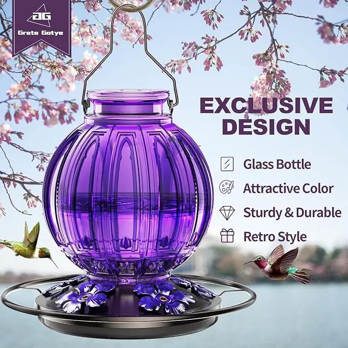 Glass Hummingbird Feeder for Outdoors Hanging, Bird Nectar Feeder with Perch & 5 Flower Feeding Ports, 26 Oz Leak Proof for Outside Garden Decor Backyard, Gifts for Women Mom, Purple by GreenHaven Gardens