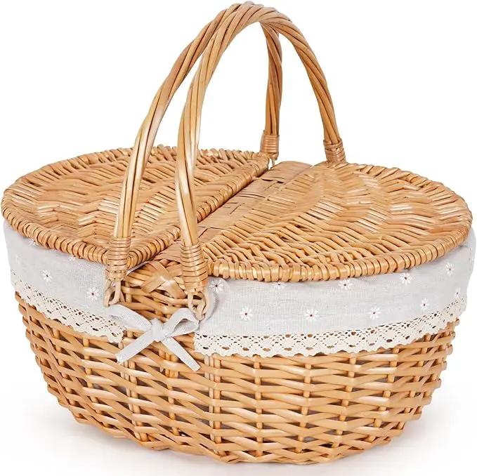 Happypicnic Wicker Picnic Basket with Handle, 15" Large Empty Picnic Basket with Lid & Removable Liner, Vintage Hand Woven Basket for Picnics, Camping, Veg Picking, Mother'S Day, Thanksgiving (Flower) by GreenHaven Gardens