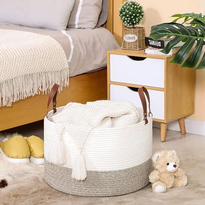 KAKAMAY Large Blanket Basket (20"x13"),Woven Baskets for storage Baby Laundry Hamper,Cotton Rope Blanket Basket for Living Room, Laundry, Nursery, Pillows, Baby Toy chest (White/Beige) by GreenHaven Gardens