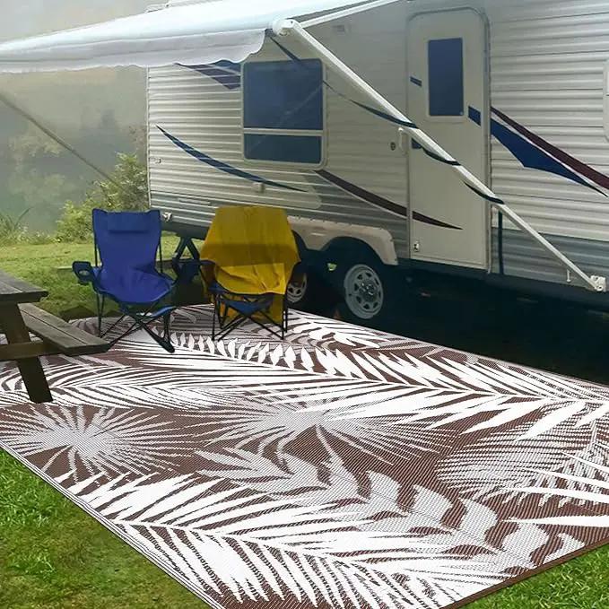 Outdoor Rug Waterproof for Patios Clearance, Reversible Outdoor Plastic Straw Rug Camping Carpet, Outside Floor Mats Large Area Rugs for RV,Patio,Deck,Porch,Beach,Balcony，10'x8',Brown&White by GreenHaven Gardens