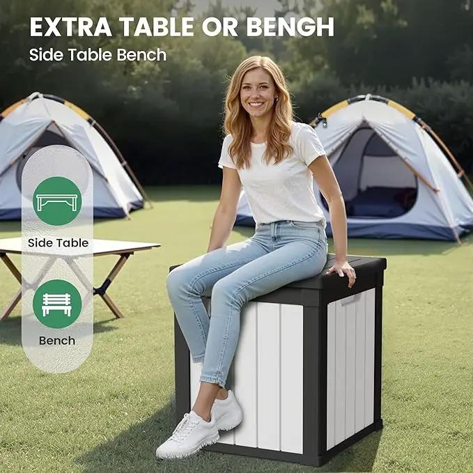 50 Gallon Storage Box, Waterproof Deck Box for Indoor & Outdoor Use, Lockable Pool Storage Bin for Package Delivery, Outdoor Bench for Patio Cushions, Garden Tools, Backyard, Black & White by GreenHaven Gardens