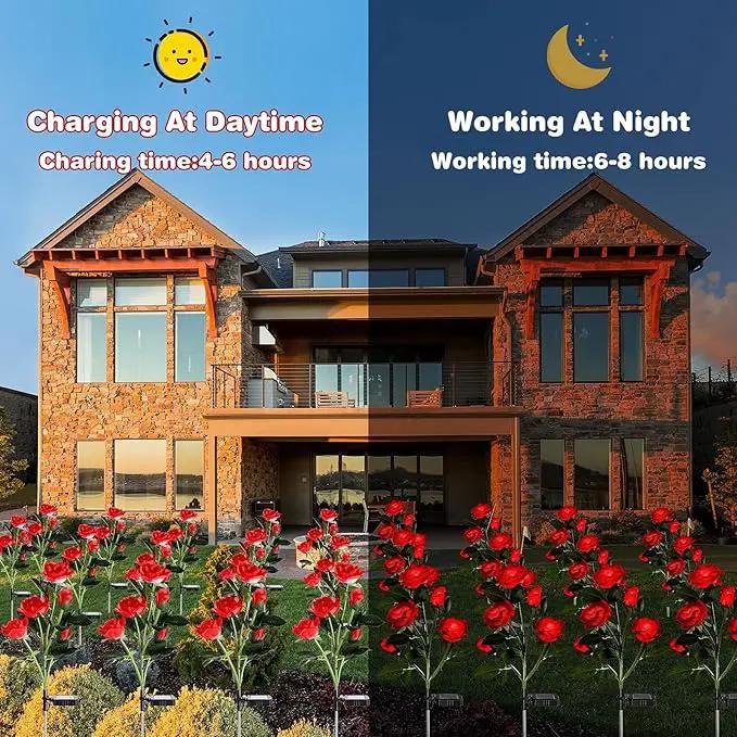 4 Pack Outdoor Solar Flower Lights Waterproof Garden Decorative Lights Outside Solar Powered Pathway Lights with 20 Realistic Rose Flowers for Yard Lawn Pathway Backyard Decor(Red) by GreenHaven Gardens