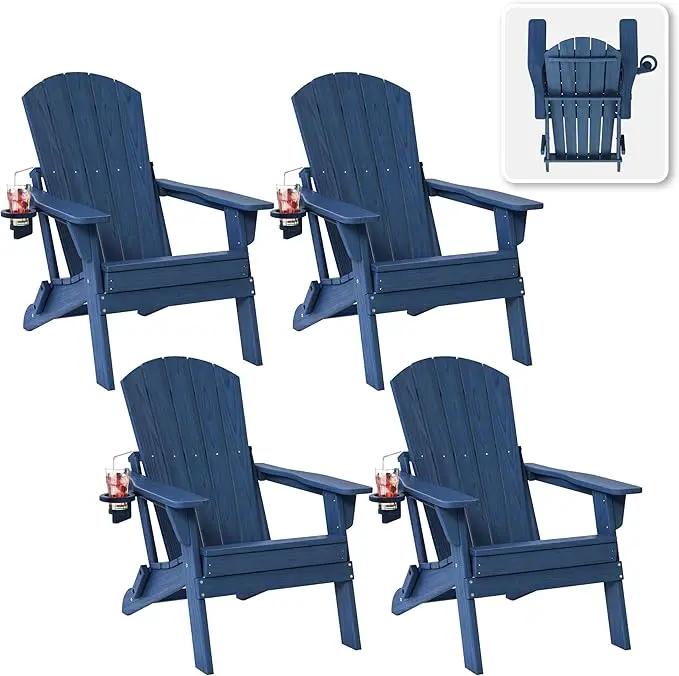 Folding Adirondack Chair Set of 4 with Cup Holder, HDPE All Weather Resistant Plastic Outdoor Patio Chairs, Heavy Duty Fire Pit Seating for Backyard Lawn Garden, Wooden Textured Design(Navy Blue) by GreenHaven Gardens