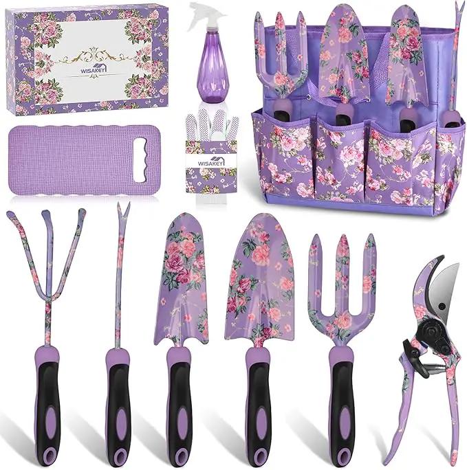 Gardening Tools, WisaKey 10 Piece Heavy Duty Purple Garden Tools Set with Non-Slip Ergonomic Handle, Durable Fashion Garden Tool Organizer HandBag, Ideal Gardening Hand Tools Gardening Gifts for Women by GreenHaven Gardens