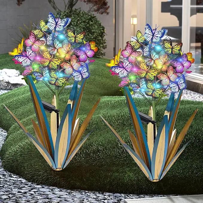 Homight Solar Metal Agave Butterfly Flower Stick Garden Sculpture - Outdoor Gift, Christmas Lights - Swaying Butterfly Garden Lights (2 PCS Blue) by GreenHaven Gardens