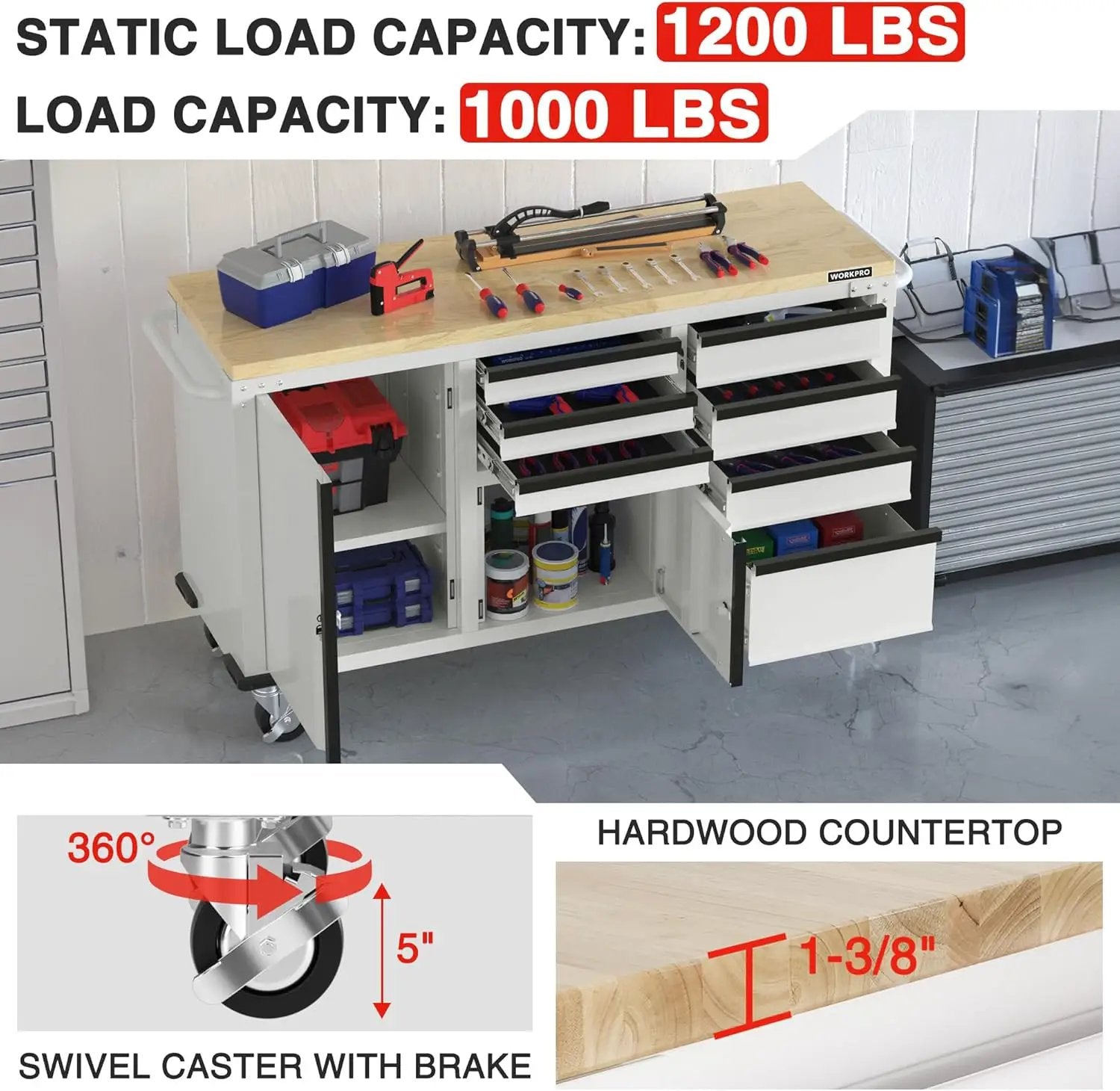WORKPRO 62" x 20" 7-Drawer & 2-Door Rolling Tool Chest, Mobile Tool Storage Cabinet with Power Strip, Locking System, Heavy Duty Rolling Cabinet for Garage, Warehouse & Kitchen, 1000 lbs Capacity by GreenHaven Gardens