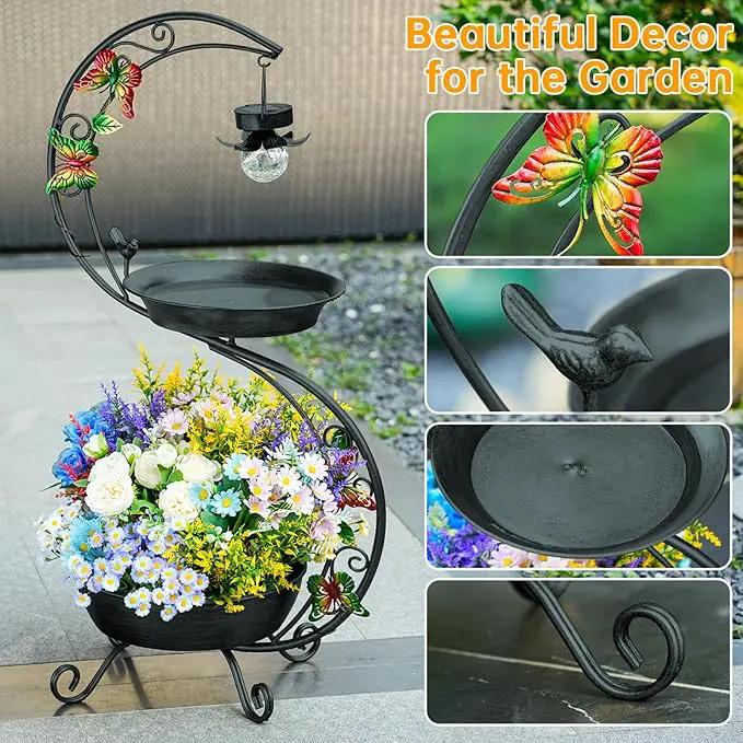 Bird Bath for Outside with Solar Lamp, 36" Birdbaths for Outdoors with Planter Flower Pot, Metal Bird Bath Bowl for Garden Yard Decor (All Black) by GreenHaven Gardens
