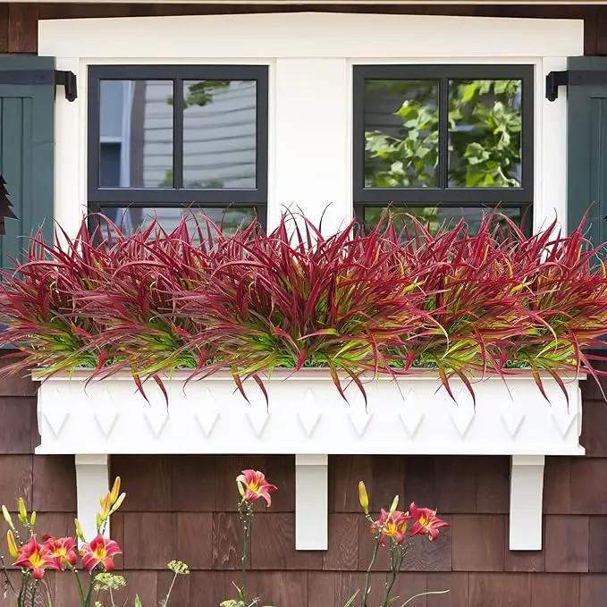 Uieke 12 Bundles Artificial Outdoor Plants UV Resistant Fake Grass Plants Faux Plastic Plants Greenery Shrubs for Home Garden Pathway Window Box Front Porch Spring Summer Decor, Deep Red by GreenHaven Gardens