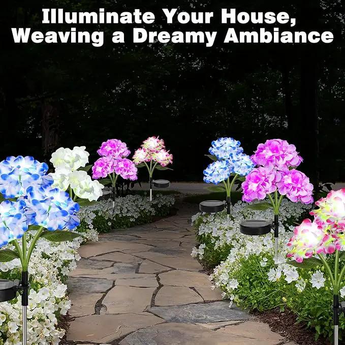 4 Pack Solar Garden Lights, Solar Flowers Lights with 4 Blooming Hydrangea Flowers, Waterproof Solar Lights Outdoor for Yard Porch Patio Backyard Pathway Gardening, 2 Lighting Modes, Colorful by GreenHaven Gardens