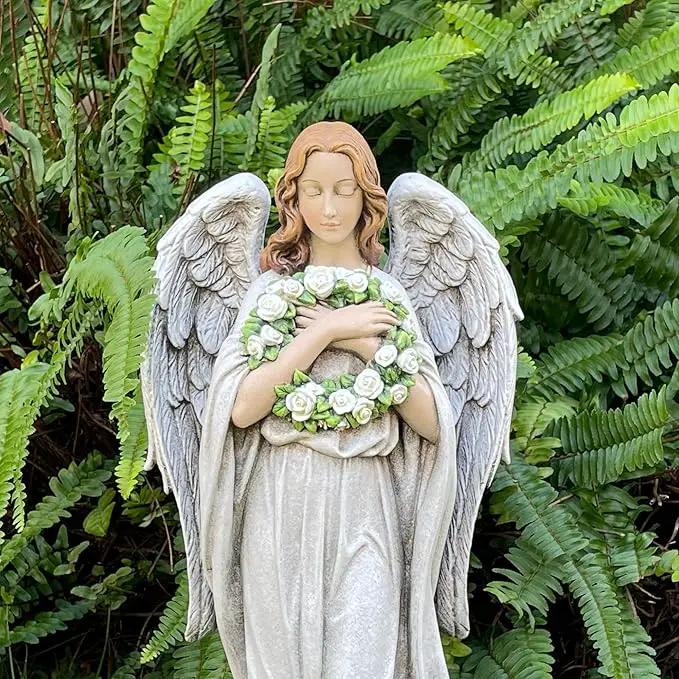 Garden Angel with Flower Wreath Statue - 16" Outdoor Memorial Angel Decor by GreenHaven Gardens